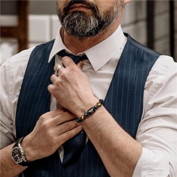 mens tiger eye obsidian lava rock beaded bracelet stress relief adjustable yoga - Picture 4 of 7